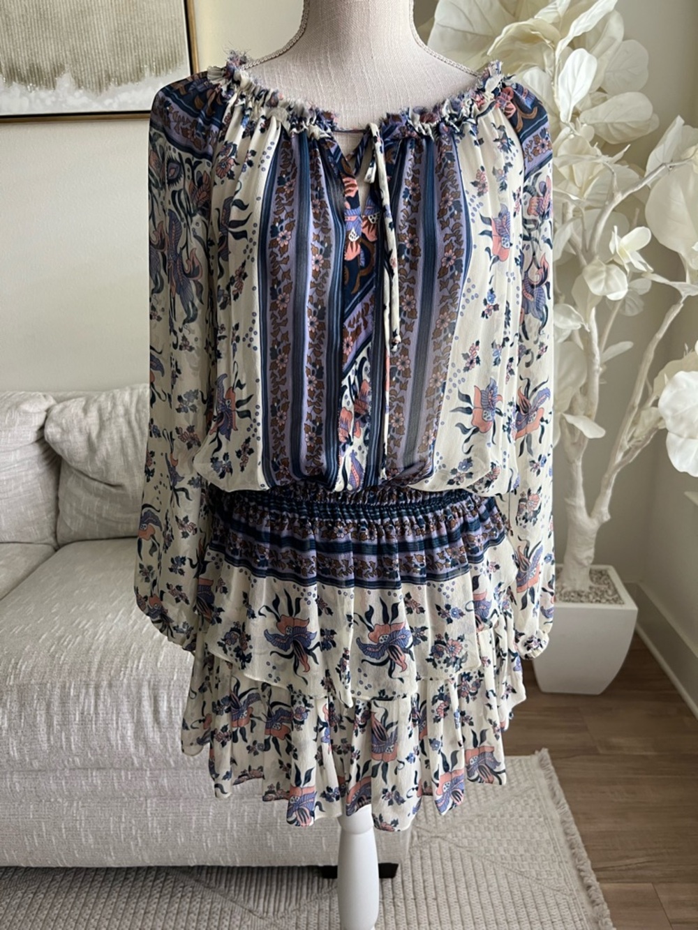 Vintage LoveShackFancy Boho Floral Tiered Long Sleeve Mini Dress In Multicolor S